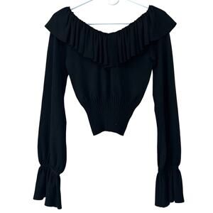 Cache Silk Blend Off the Shoulder Crop top Ruffle black whimsigoth coquette S